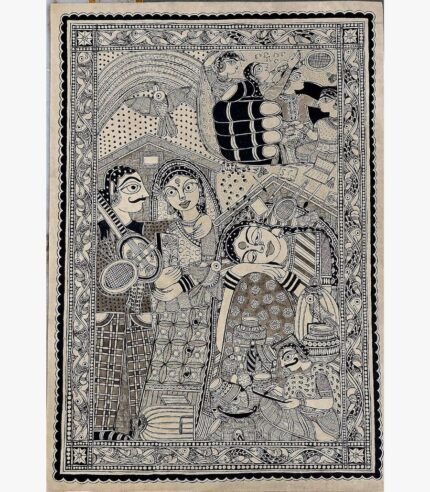 An original Indian monochrome Madhubani folk art painting on handmade paper depicting village life and music by artist Bhavna Mishra.