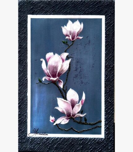 An original 3D impasto textured acrylic canvas painting featuring pink magnolia blossoms on a branch by artist Jyoti Machigad.