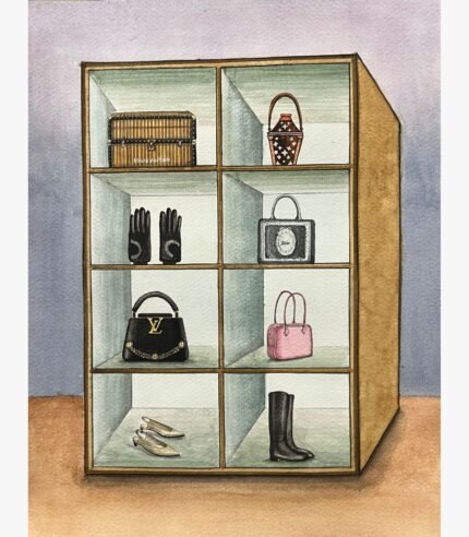 Original contemporary watercolor painting titled The Sartorial Vault by Hardev Chauhan showcasing a surreal wooden display cabinet filled with luxury fashion accessories, handbags, and shoes on a washed blue background.