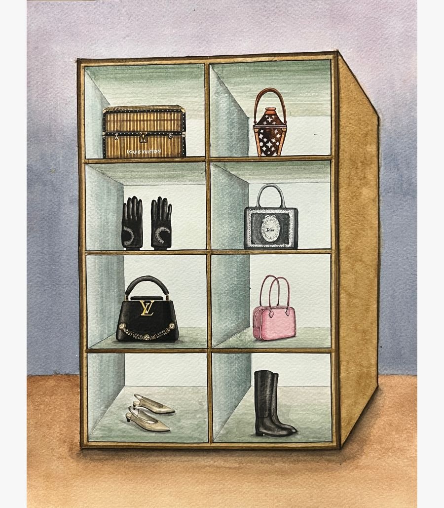7 Original contemporary watercolor painting titled The Sartorial Vault by Hardev Chauhan showcasing a surreal wooden display cabinet filled with luxury fashion accessories, handbags, and shoes on a washed blue background.