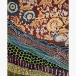 An abstract vertical mixed media painting featuring traditional gold floral patterns on a deep crimson background above cascading geometric strata with dots and wavy lines by Vikas Shiyal.