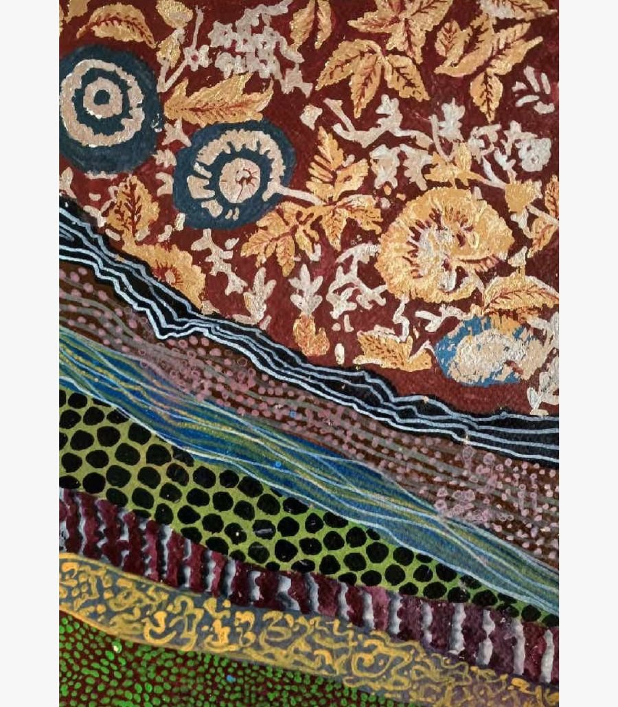 7 An abstract vertical mixed media painting featuring traditional gold floral patterns on a deep crimson background above cascading geometric strata with dots and wavy lines by Vikas Shiyal.
