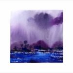 An original impressionistic watercolor landscape painting on paper depicting a moody purple monsoon sky over cobalt fields with white birds in flight by artist Avinash.