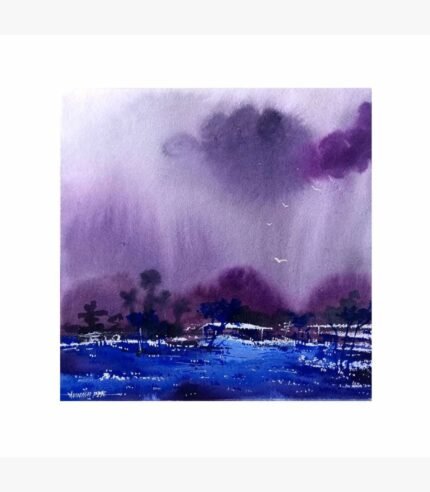 An original impressionistic watercolor landscape painting on paper depicting a moody purple monsoon sky over cobalt fields with white birds in flight by artist Avinash.