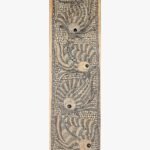 An original Indian monochrome Madhubani folk art painting on handmade paper featuring four stylized fish swimming in vertical sequence by artist Bhavna Mishra.