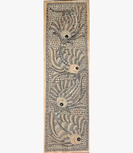An original Indian monochrome Madhubani folk art painting on handmade paper featuring four stylized fish swimming in vertical sequence by artist Bhavna Mishra.