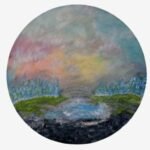 An original round impressionistic canvas painting featuring a sunset sky, footbridge, and swans on a calm lake by artist Jyoti Machigad.