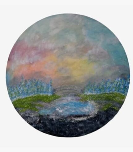 An original round impressionistic canvas painting featuring a sunset sky, footbridge, and swans on a calm lake by artist Jyoti Machigad.