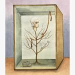 Original contemporary watercolor painting titled Anatomy of Elegance by Hardev Chauhan showcasing a surreal mannequin head resting on a bare tree branch inside a wooden wardrobe cabinet box.