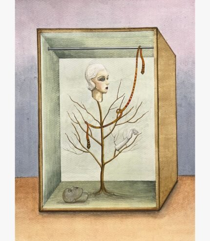Original contemporary watercolor painting titled Anatomy of Elegance by Hardev Chauhan showcasing a surreal mannequin head resting on a bare tree branch inside a wooden wardrobe cabinet box.
