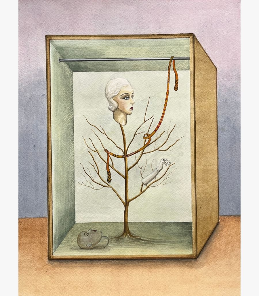 8 Original contemporary watercolor painting titled Anatomy of Elegance by Hardev Chauhan showcasing a surreal mannequin head resting on a bare tree branch inside a wooden wardrobe cabinet box.