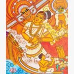 Traditional Kerala mural painting titled Rhythms of Kerala by Akshaya Sivadas depicting a female dancer on a wooden boat with a Theyyam performer, a Kathakali dancer, and a percussionist on canvas.