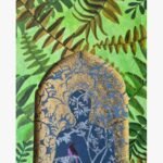 A vertical contemporary mixed media painting featuring a gold jharokha arch framing a dark blue human silhouette with a purple bird, set against a background of green fern leaves, by Vikas Shiyal.