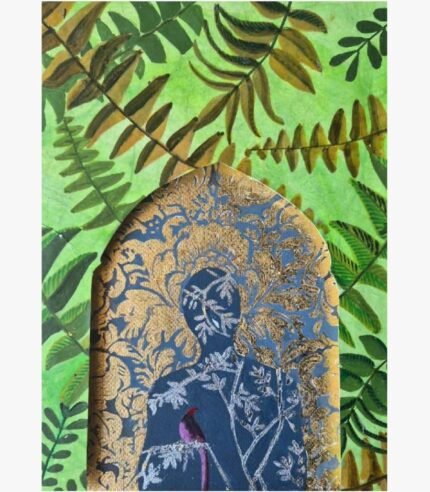 A vertical contemporary mixed media painting featuring a gold jharokha arch framing a dark blue human silhouette with a purple bird, set against a background of green fern leaves, by Vikas Shiyal.