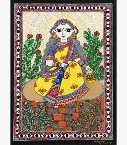 A traditional Madhubani painting on handmade paper depicting Goddess Brahmacharini in a yellow and blue sari holding prayer beads and a kamandalu water pot, framed by a protective eye-pattern border by artist Anupriya.