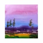 An original impressionistic watercolor landscape painting on paper featuring silhouette trees standing before a vibrant pink and purple twilight sky by artist Avinash.