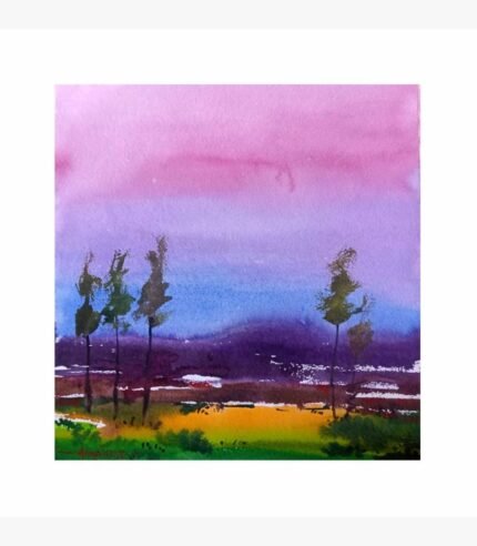 An original impressionistic watercolor landscape painting on paper featuring silhouette trees standing before a vibrant pink and purple twilight sky by artist Avinash.