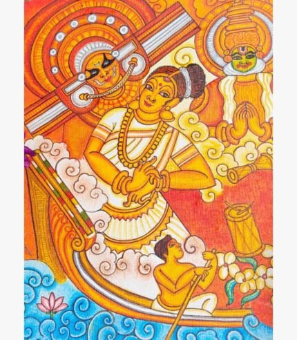 Traditional Kerala mural painting titled Rhythms of Kerala by Akshaya Sivadas depicting a female dancer on a wooden boat with a Theyyam performer, a Kathakali dancer, and a percussionist on canvas.