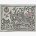 An original Indian Madhubani folk art painting on handmade paper featuring a royal elephant procession under a radiant sun by artist Bhavna Mishra.