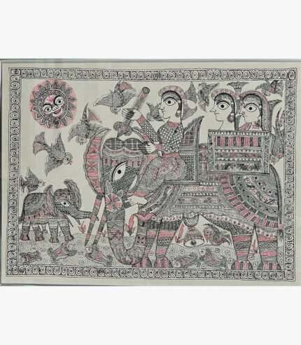 An original Indian Madhubani folk art painting on handmade paper featuring a royal elephant procession under a radiant sun by artist Bhavna Mishra.