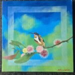 An original square acrylic canvas painting of a colorful sunbird perched on a blossoming branch with fluffy pink flowers by artist Jyoti Machigad.