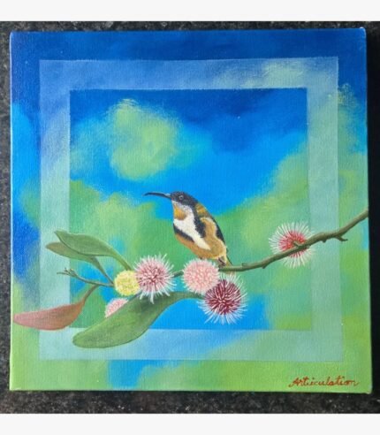 An original square acrylic canvas painting of a colorful sunbird perched on a blossoming branch with fluffy pink flowers by artist Jyoti Machigad.