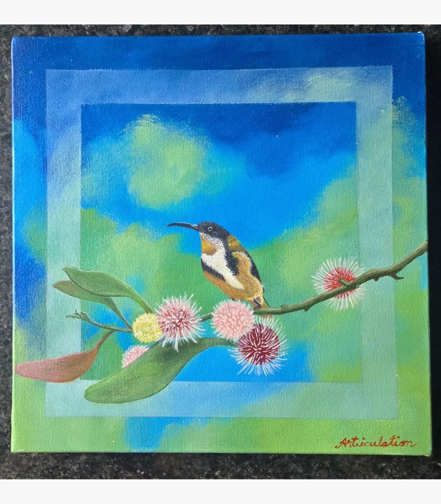 8 An original square acrylic canvas painting of a colorful sunbird perched on a blossoming branch with fluffy pink flowers by artist Jyoti Machigad.