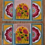 Handcrafted pair of blooming lotus arch Lippan art triptych sets featuring vibrant yellow and pink mud relief with mirror work by artist Rucha Desai.