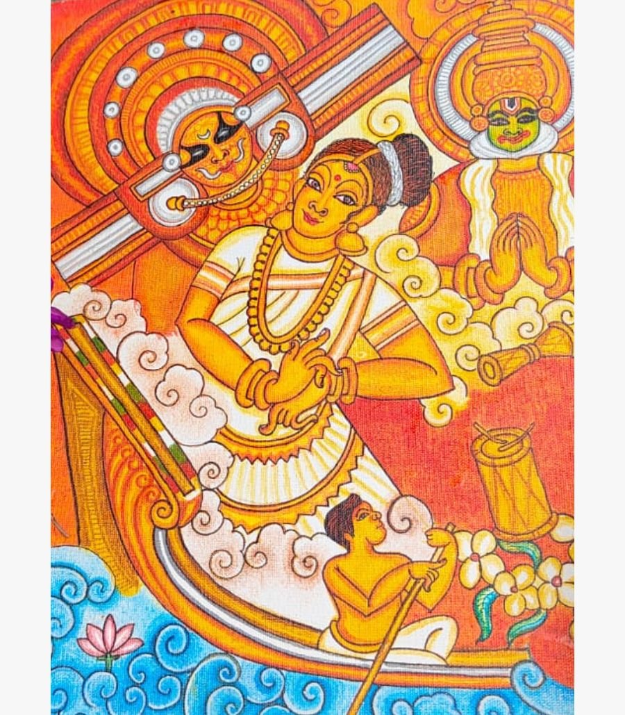 8 Traditional Kerala mural painting titled Rhythms of Kerala by Akshaya Sivadas depicting a female dancer on a wooden boat with a Theyyam performer, a Kathakali dancer, and a percussionist on canvas.