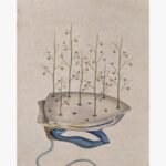 Original contemporary watercolor painting titled Threads of Sustainability by Hardev Chauhan showcasing a vintage clothes iron upside down with delicate cotton plants growing out of its steam holes.