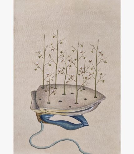 Original contemporary watercolor painting titled Threads of Sustainability by Hardev Chauhan showcasing a vintage clothes iron upside down with delicate cotton plants growing out of its steam holes.