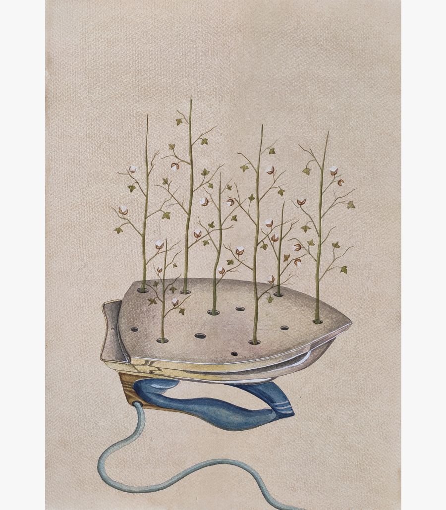 9 Original contemporary watercolor painting titled Threads of Sustainability by Hardev Chauhan showcasing a vintage clothes iron upside down with delicate cotton plants growing out of its steam holes.