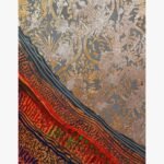 An abstract vertical mixed media painting showcasing an ornate metallic silver and gold damask pattern on a grey background above cascading diagonal bands of orange, red, and blue geometric textures by Vikas Shiyal.