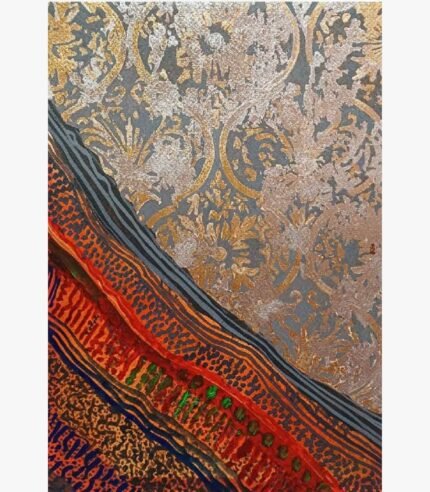 An abstract vertical mixed media painting showcasing an ornate metallic silver and gold damask pattern on a grey background above cascading diagonal bands of orange, red, and blue geometric textures by Vikas Shiyal.