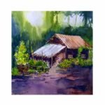 An original impressionistic watercolor landscape painting on paper featuring a sunlit rustic village cottage nestled in lush green forest foliage by artist Avinash.