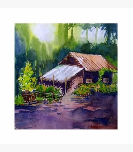 An original impressionistic watercolor landscape painting on paper featuring a sunlit rustic village cottage nestled in lush green forest foliage by artist Avinash.