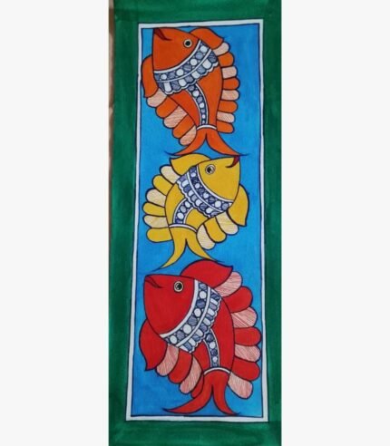 An original Indian Madhubani folk art painting on handmade paper featuring three colorful fish in orange, yellow, and red swimming against a blue background by artist Bhavna Mishra.