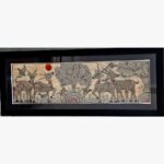 An original Indian Madhubani folk art painting on handmade paper featuring a herd of horned deer in a forest under a red sun by artist Bhavna Mishra.