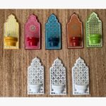 Handcrafted wooden ornate jharokha wall brackets with jaali lattice and mirror work by artist Rucha Desai.