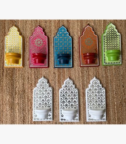 Handcrafted wooden ornate jharokha wall brackets with jaali lattice and mirror work by artist Rucha Desai.