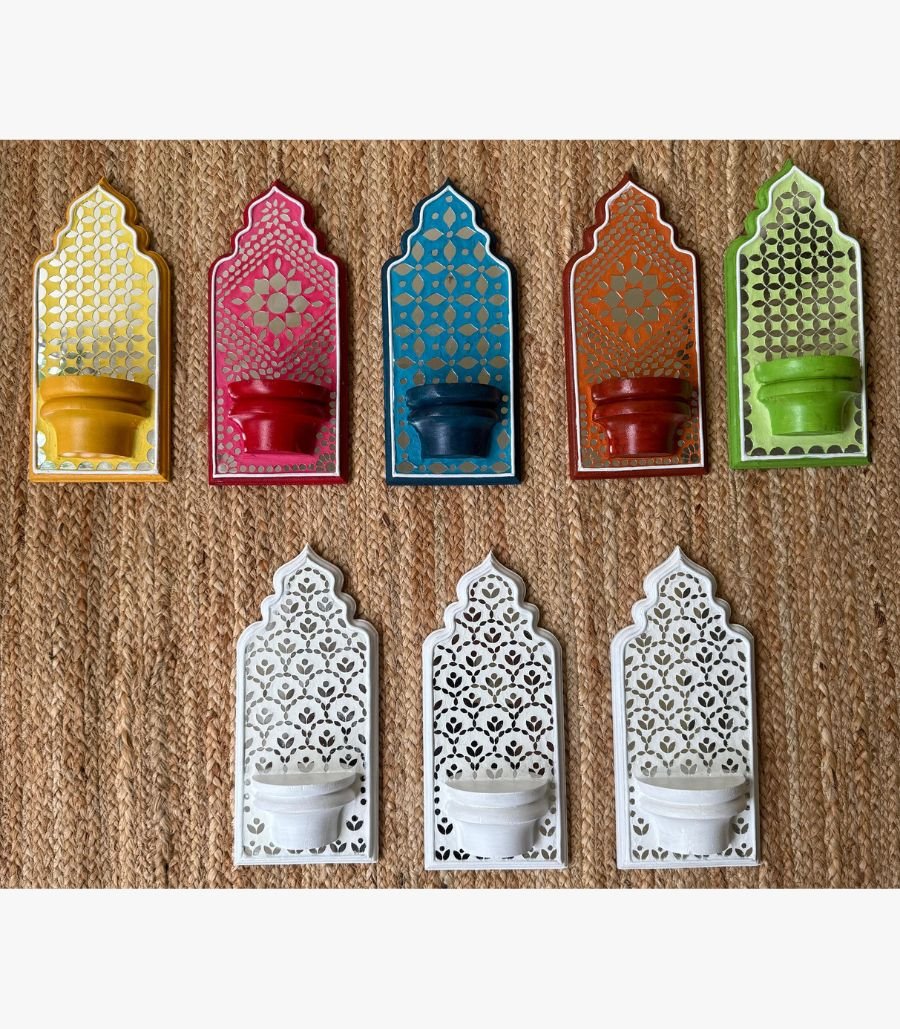 9 Handcrafted wooden ornate jharokha wall brackets with jaali lattice and mirror work by artist Rucha Desai.