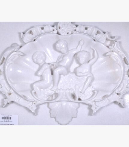 Hand-carved white marble relief sculpture titled Three Boys by Mangalya Stone Panels depicting three cherubs inside a decorative baroque shell frame.