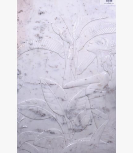 Hand-carved white marble bas-relief sculpture titled Lady with Banana Tree by Mangalya Stone Panels depicting an elegant woman standing amidst tropical banana leaves and foliage.
