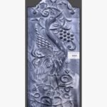 Hand-carved black and grey marble relief stone panel titled Crane with Grapes by Mangalya Stone Panels showcasing a majestic crane surrounded by grapes and ornamental vine scrollwork.