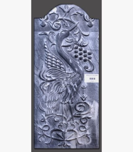 Hand-carved black and grey marble relief stone panel titled Crane with Grapes by Mangalya Stone Panels showcasing a majestic crane surrounded by grapes and ornamental vine scrollwork.