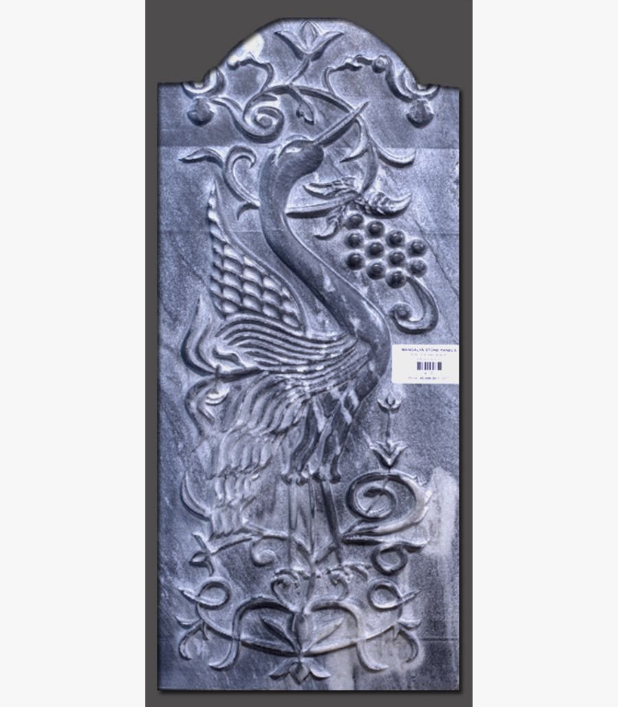 d Hand-carved black and grey marble relief stone panel titled Crane with Grapes by Mangalya Stone Panels showcasing a majestic crane surrounded by grapes and ornamental vine scrollwork.