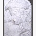 Hand-carved white marble relief stone panel titled American Indian with Eagle by Mangalya Stone Panels showcasing an intricate profile of a Native American woman wearing a majestic eagle headdress and feathers.