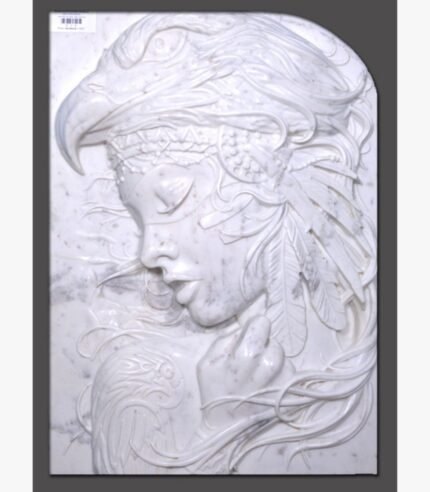 Hand-carved white marble relief stone panel titled American Indian with Eagle by Mangalya Stone Panels showcasing an intricate profile of a Native American woman wearing a majestic eagle headdress and feathers.