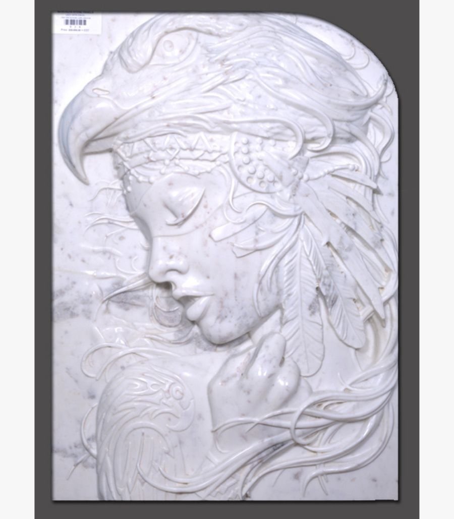 e Hand-carved white marble relief stone panel titled American Indian with Eagle by Mangalya Stone Panels showcasing an intricate profile of a Native American woman wearing a majestic eagle headdress and feathers.
