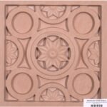 Hand-carved pink sandstone relief panel titled Round Flower Banshi Pahadpur by Mangalya Stone Panels showcasing a geometric pattern with interlocking rings and carved floral rosettes.